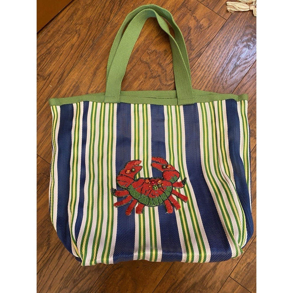 Anthropologie Icon Bucket Beach Tote Bag Crab Beaded Travel Vacay Striped